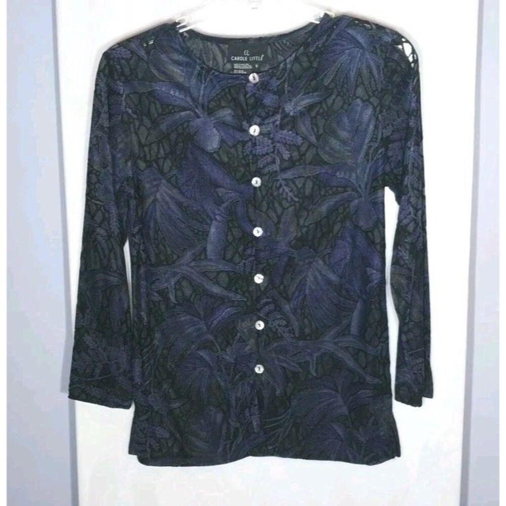 VTG Carole Little Burnout Blouse S Black Purple Tropical Leaf Sheer Whimsigoth